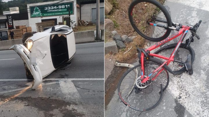 Veículo é abandonado após atropelar ciclista e tombar na SC-401