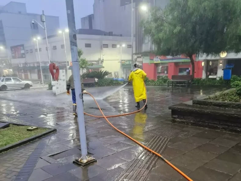 Intensa limpeza é feita no calçadão de Lages para conter infestação de pulgas