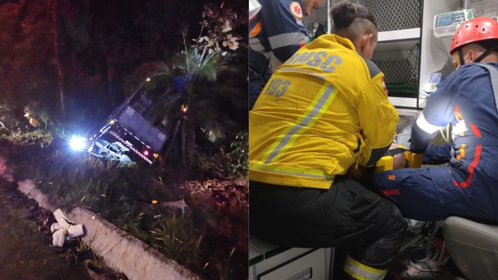 Caminhão sai da pista na BR-282 e motorista fica em estado grave