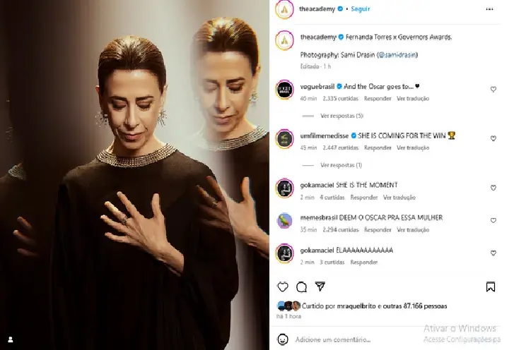 Página oficial do Oscar posta foto de Fernanda Torres