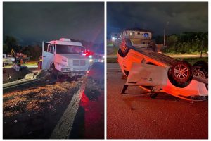 Caminhão bate em mureta e carro capota na BR-101