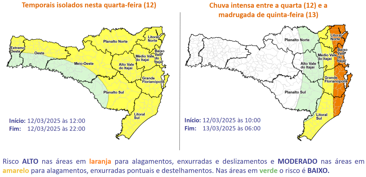 Previsão é de chuva intensa e temporais até a madrugada em SC
