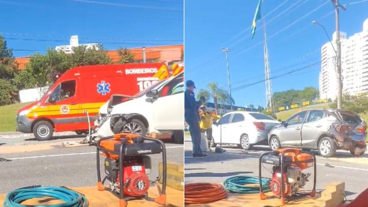 Vídeo: mulher fica presa em carro após engavetamento na Capital