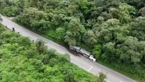 Caminhão sem freios tomba na Serra Dona Francisca em Joinville