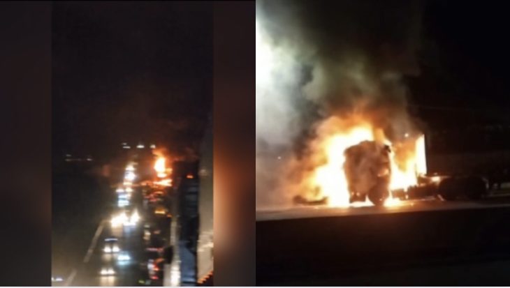 Vídeo: carreta pega fogo e interdita trecho da BR-101 em Garuva