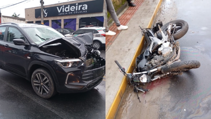 Três pessoas ficam feridas em acidente entre duas motos e carro