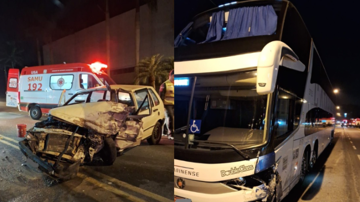 Mulher fica presa nas ferragens em acidente entre carro e ônibus