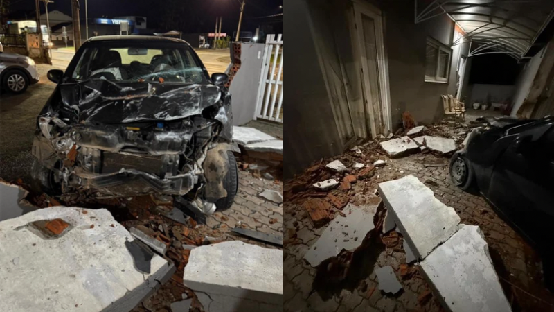 Motorista destrói muro de casa e foge após acidente