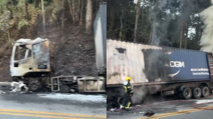 Vídeo: BR-282 está bloqueada após incêndio em carreta