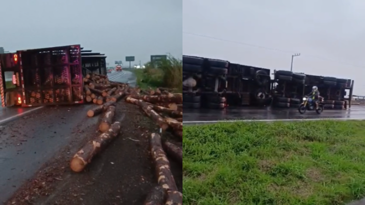 Vídeo: tombamento de carreta causa interdição na BR-470