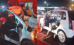 Colisão entre carro e caminhão deixa vítimas presas às ferragens e em estado grave