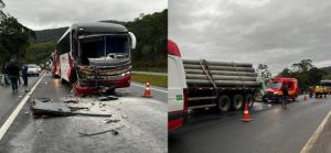 Filas quilométricas se formam na BR-470 após acidente entre ônibus e caminhão
