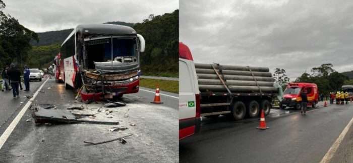 Filas quilométricas se formam na BR-470 após acidente entre ônibus e caminhão