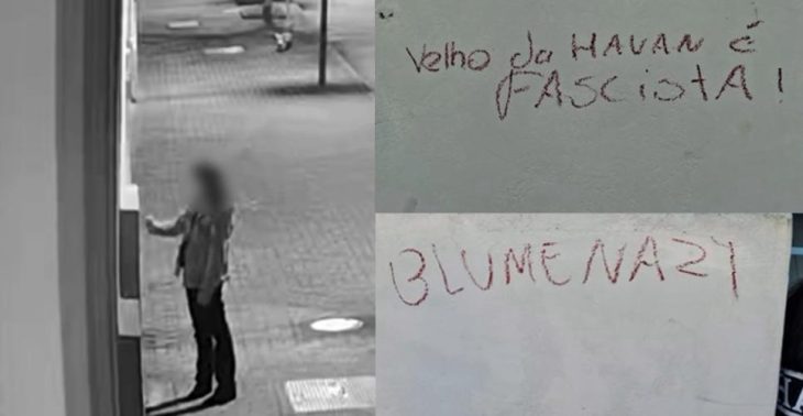 Câmeras flagram mulher pichando Havan com palavras de ódio