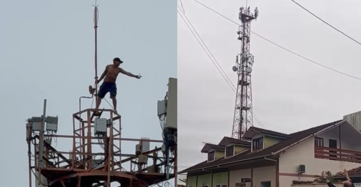 Vídeo: embriagado, homem sobe em torre de telefonia e é detido