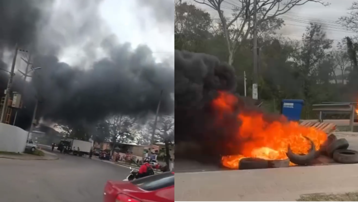 Vídeo: manifestantes bloqueiam ponte com barricada de fogo
