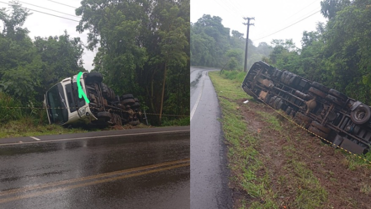 Caminhão tomba por excesso de velocidade na SC-157