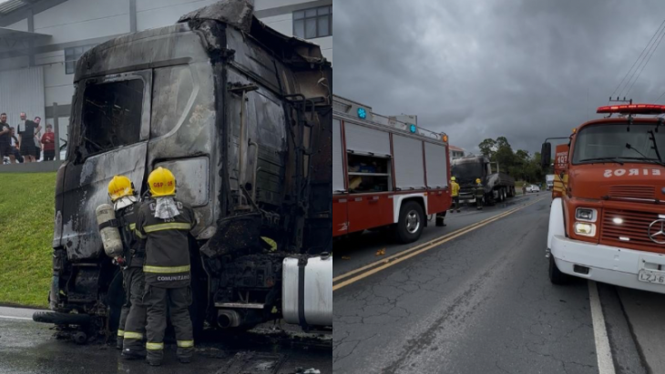Colisão entre carreta e moto provoca incêndio e deixa um ferido