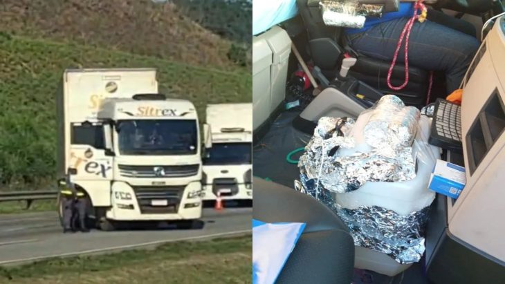 Carreta com motorista amarrado a bombas interdita rodovia