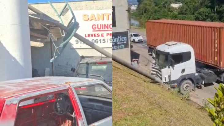 Vídeo: colisão entre caminhões derruba poste na Beira Rio