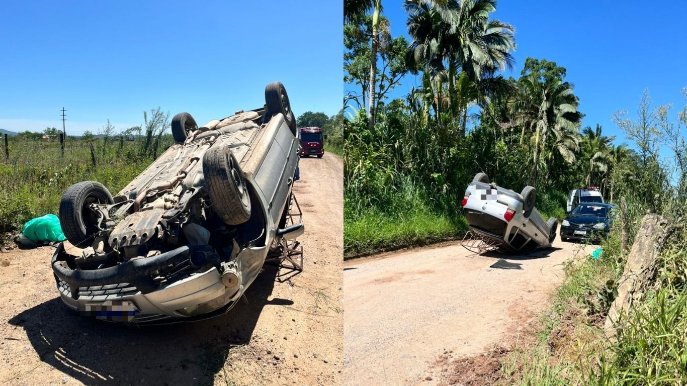 Capotamento mobiliza bombeiros e deixa motorista ferido em Ilhota