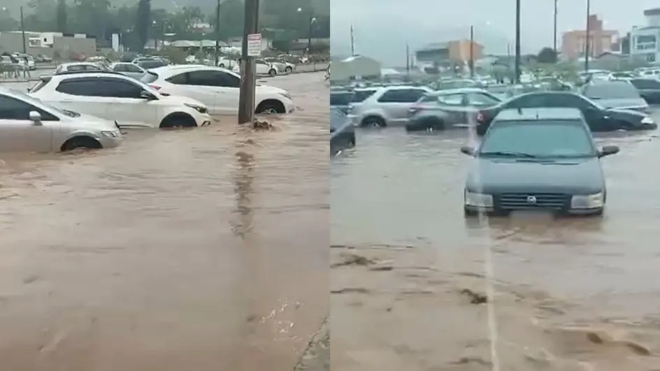 Chuva forte transforma estacionamento de multinacional em rio em Jaraguá do Sul