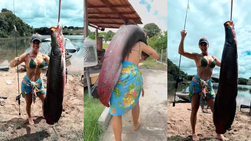 Empresária fisga pirarucu de 65 kg com vara comum em lagoa de Linhares