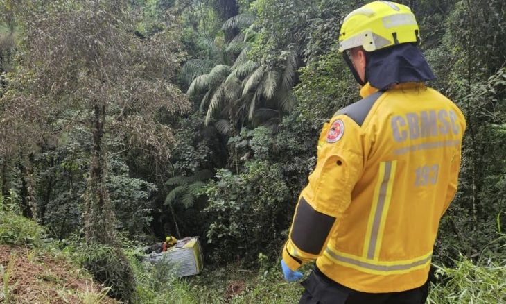 Motorista sobrevive após furgão cair em ribanceira de 50 metros