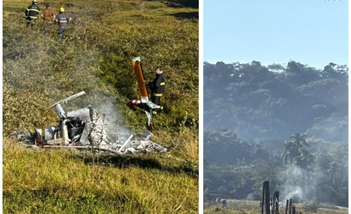 URGENTE: helicóptero cai, pega fogo e piloto morre em SC