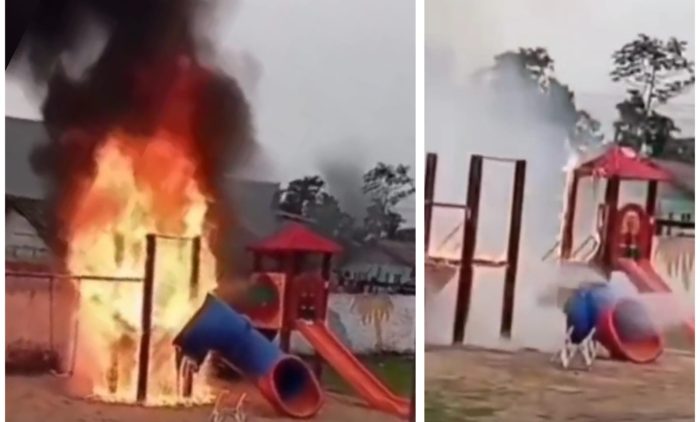 Vídeo: ‘fogo no parquinho’: área infantil pega fogo e assusta moradores