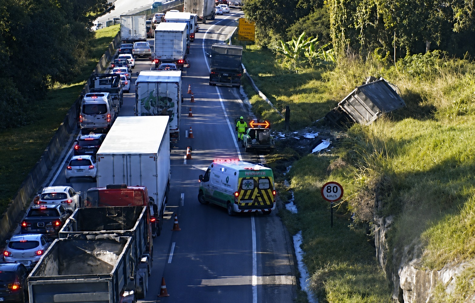 Carreta tomba e complica trânsito na BR-101 em Itapema