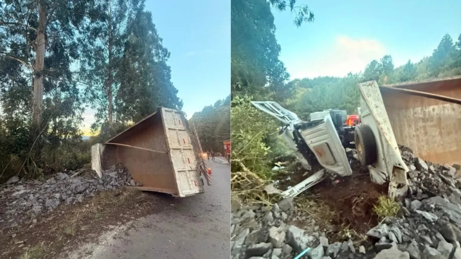 Motorista sobrevive após caminhão tombar na SC-110