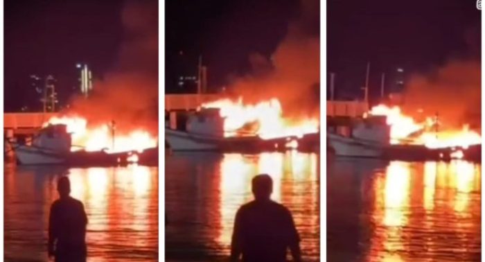 Vídeo: incêndio de grandes proporções destrói barco de pesca no litoral