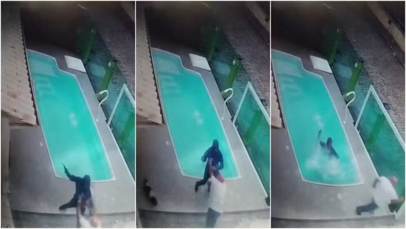 Assaltante cai na piscina durante roubo e vítima consegue fugir