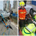 Caminhão bate em carro parado e prensa motociclista contra mureta na BR-101