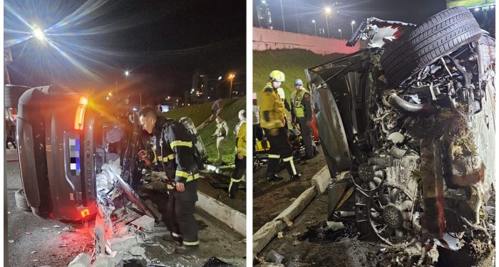 Land Rover de mais de R$ 700 mil capota e fica destruído após batida