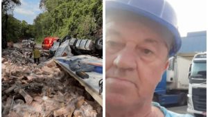 Caminhão tomba e motorista morre após ficar sob carga de carne suína