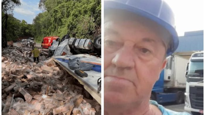 Caminhão tomba e motorista morre após ficar sob carga de carne suína
