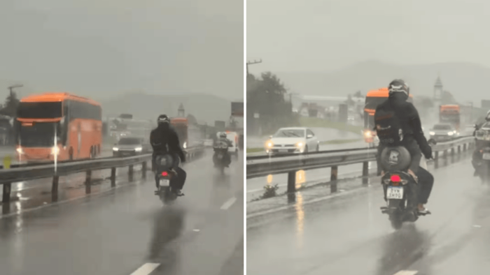 Passageira é flagrada sobre botijão de gás em moto na BR-101