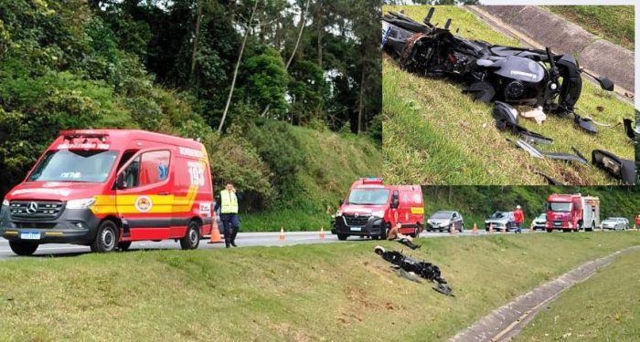 Casal de motociclistas é ejetado a 16 metros da moto em acidente na BR 470