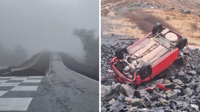 Carro entra em nova área de escape e capota na SC-418, em Joinville