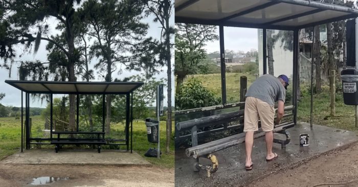 Cansados de esperar, moradores reformam ponto de ônibus em Florianópolis