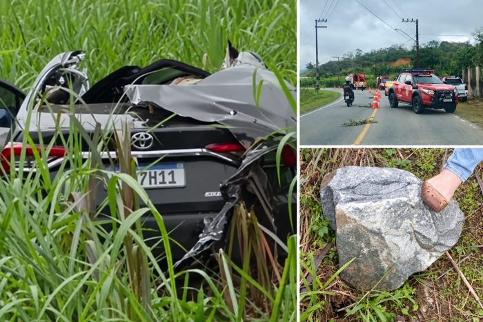 Pedra cai de caminhão em cima de carro e motorista fica em estado grave em SC